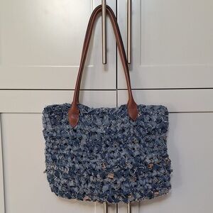 Blue Woven Tote Bag with Leather Handles